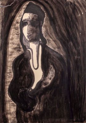 מיוחס למאנה כץ (1894-1962), נער יהודי, צבעי מים על נייר, 35X50 ס"מ, קרע בפינה השמאלית העליונה. 