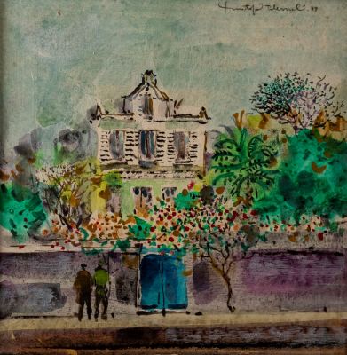 Mustafa PILEVNELI (1940). מוסטפה פילבנלי (1940), בית ברחוב, 1979, גואש על קרטון. 20X20.5, חתום 