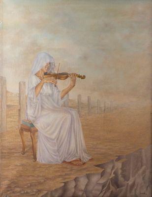 Michael David DUBSKY (1948). מייקל דיויד דובסקי (נ. 1948), אישה מנגנת בכינור, 1979, שמן על בד. 