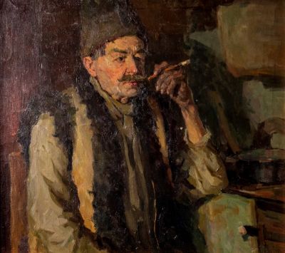 אמן לא ידוע, איש מעשן מקטרת, מזרח אירופה, 1900 בקירוב, שמן על בד, 57X63 ס"מ, לא חתום.