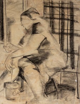 אמן לא מזוהה, אישה יושבת, פחם על נייר, 45.5X58 ס"מ. חתום O.K. כתמי חלודה מעטים, קרעים קלים.