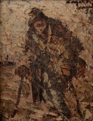 אמן לא מזוהה, דמויות, שמן על מזוניט. 24.5X19 ס"מ, חתום ומתוארך.