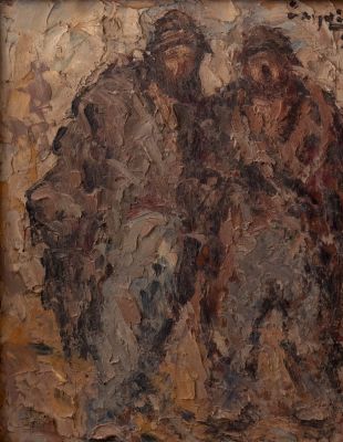 אמן לא מזוהה, דמויות, שמן על מזוניט. 24X19 ס"מ, חתום ומתוארך.