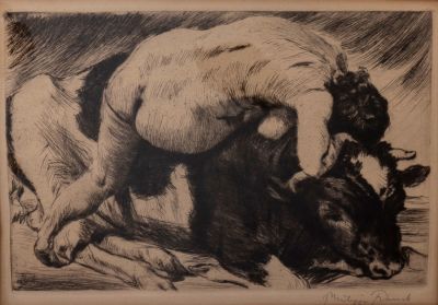 לוט שני תחריטים, אחד Philipp FRANCK (1860-1944) אישה הרה שוכבת על פר, גרמניה, 20X30 ס"מ. התחריט 