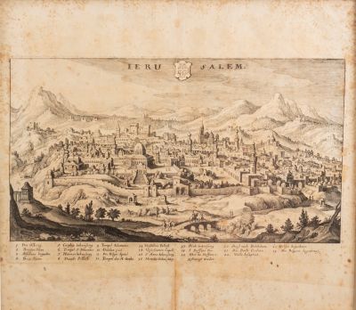 תחריט עתיק של ירושלים מאת מתאוס מריאן (Matth&auml;us Merian), גרמניה 1646, עם מיקום 24 מקומות בעיר. 