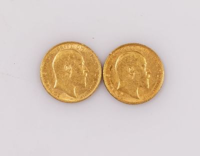 מטבעות סוברין אנגליים. שני מטבע סוברין אנגליים, זהב 22K, שנת 1902. משקל כולל: 15.97 גרם.