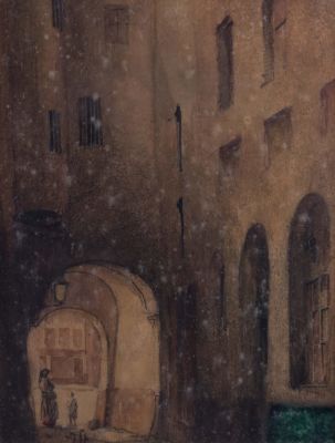 יעקב שטיינהרדט (1887-1968), סמטה בעיר העתיקה, צבעי מים ועיפרון על נייר, 24X18 ס"מ, חתום בראשי תיבות.