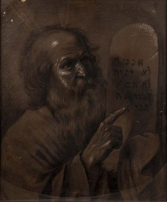 אמן לא ידוע, משה ולוחות הברית, פחם ופסטל על נייר, 47X39 ס"מ. נזקים לנייר (נייר שביר, מספר חורים).