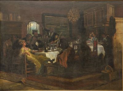 אנטל ברקש (Antal Berkes, 1874-1938). דמויות סועדות, שמן על בד, 73X99 ס"מ, חתום.