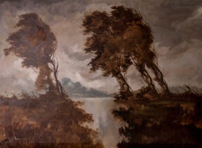 אמן לא מזוהה, ציור שמן. אמן לא מזוהה, עצים ברוח, שמן על בד, 96X129 ס"מ, חתום. פגמים.