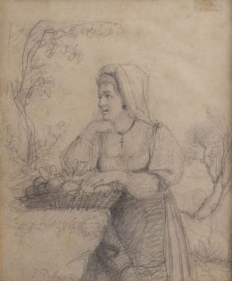 חתום יששכר בער ריבק (1897-1935). חתום יששכר בער ריבאק (1897-1935), אישה עם סל פירות, עיפרון על 