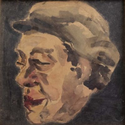 חתום יששכר בער ריבאק (1897-1935), פני גבר, צבעי מים על נייר, 19X19 ס"מ. בית המכירות אינו מתחייב 