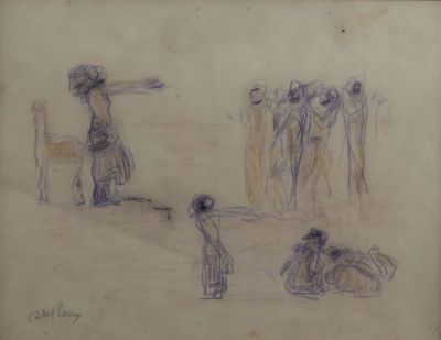 אבל פן (1883-1963), דמויות, עפרונות צבעוניים על נייר, 18X22 ס"מ, חתום.