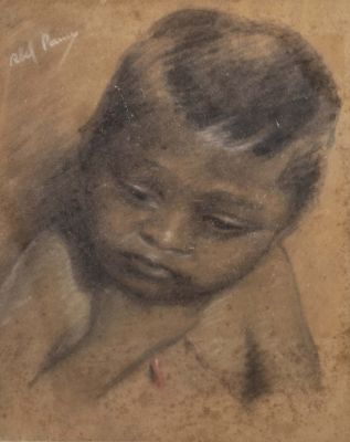 אבל פן (1883-1963), דיוקן תינוק, פסטל על נייר, 28X22 ס"מ, חתום. כתמי חלודה.