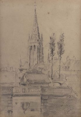 ג'ורג' קרס (George Kars, 1880-1945), נוף עיירה עם כנסיה, עיפרון על נייר, 25X17 ס"מ, חתום.