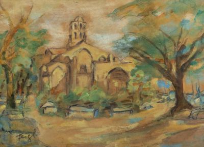 פרידריך פייגל (Friedrich Feigl, 1884-1965), נוף עם כנסייה, צבע מים על נייר, 24.5X33.5 ס"מ, חתום.