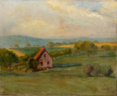 הרמן שטרוק (1876-1944), נוף כפרי אירופאי, 1919, שמן על דיקט מוצמד ללוח, 36X44.5 ס"מ, חתום ומתוארך.