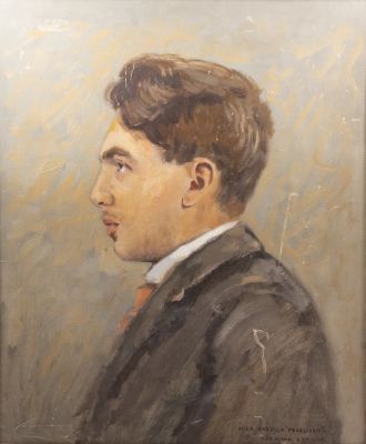 הרמן שטרוק (1876-1944), דיוקן (עצמי?), שמן על לוח, 54X45 ס"מ, חתום ונושא הקדשה באיטלקית: Alla 