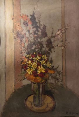 בן ציון רבינוביץ' (Benn). בען (Benn, בן ציון רבינוביץ', 1905-1989), פרחים, שמן על קרטון, 46X65 