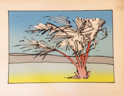 פיטר מקס (נ. 1937). פיטר מקס (Peter Max), עץ דקל, הדפס משי, מידות הגיליון: 73.5X96 ס"מ, חתום 