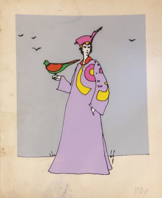 פיטר מקס (נ. 1937). פיטר מקס (Peter Max), דמות עם ציפור, הדפס משי, מידות הגיליון: 73X91 ס"מ 