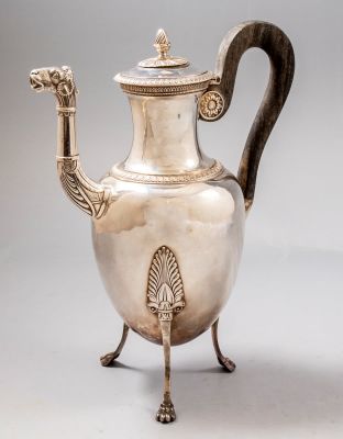 קומקום צרפתי מכסף, Francois Durand. קומקום אמפיר צרפתי מכסף תוצרת Francois Durand, פריז, ראשית 