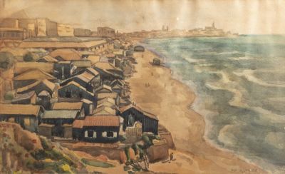 שכונת מחלול, ציור מ-1951. ד"ר אונגר, שכונת מחלול (תל אביב), 1951, צבעי מים על נייר, 29X47.5 ס"מ 
