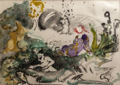 איוון שוובל (1932-2011), איש ואישה בשדה, 1970, צבעי מים על נייר, 23.5X33 ס"מ, חתום ומתוארך.