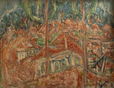 אלחנן הלפרן (1914-1995), בתים ביער, שמן על בד, 26.5X34 ס"מ, חתום.