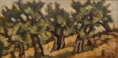 אריה אלואיל (1901-1967), עצי זית, שמן על לוח, 38X73 ס"מ, חתום.