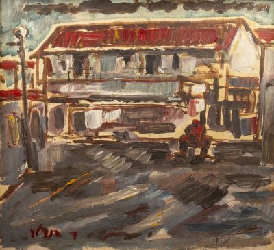 דוד הנדלר (1984 - 1904), נוף עירוני, שמן על לוח, 35X39 ס"מ, חתום.