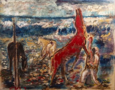 דוד הנדלר (1984 - 1904), איש וסוסים, שמן על בד צרפתי, 40X50 ס"מ, חתום.