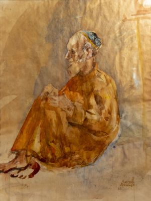 דוד לבקובסקי (1906-1991), דמות יהודי, צבעי מים על נייר, 57X46.5 ס"מ, חתום ומתוארך.