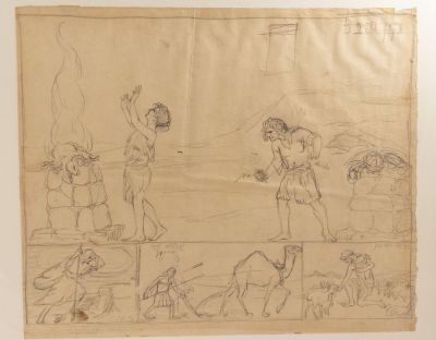 זאב רבן (1890-1970), קין והבל, רישום הכנה, עיפרון על נייר, 32.5X39 ס"מ, חתום בחותמת הסדנה ("זאב 