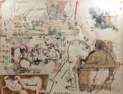 יאיר גרבוז (נ. 1945), ללא כותרת, 1972, טכניקה מעורבת על נייר, 50X65 ס"מ, חתום ומתוארך.