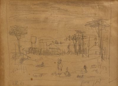 יוחנן סימון (1905-1976), קיבוץ, 1964, רישום, עיפרון על נייר, 15X21 ס"מ, חתום ומתוארך. קרע ומספר 