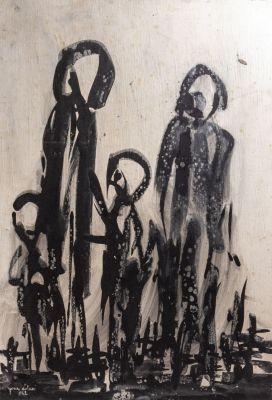 יונה לוטן (1926-1998), פליטים, 1962, גואש על לוח, 55X38 ס"מ, חתום ומתוארך. פגמים קלים (כתמים). 