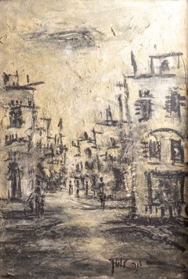 יונה לוטן (1926-1998), עיר בלילה, שמן על בד, 53X37.5 ס"מ, חתום. פגמים קלים (שחיקה לצבע).