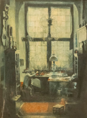 יורם לוקוב (נ. 1940), ילדה תופרת, 1973, שמן על בד, 72X51 ס"מ, חתום ומתוארך.