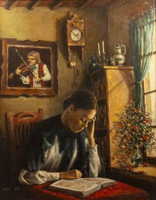 יורם לוקוב (נ. 1940), אישה קוראת בספר, שמן על מזוניט, 51X40 ס"מ, חתום. נושא הקדשה מהאמן בגב היצירה.