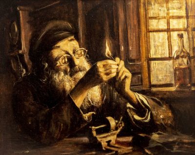 יורם לוקוב (נ. 1940), צורף יהודי, שמן על מזוניט, 40X51 ס"מ, חתום. נושא הקדשה מהאמן בגב היצירה.