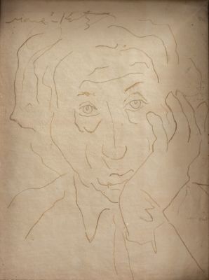 מאנה כץ (1894-1962). עמנואל מאנה כץ (1894-1962), דיוקן עצמי, רישום עיפרון על נייר, 21X16 ס"מ, חתום.