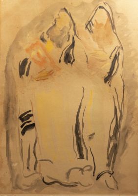 מאנה כץ (1894-1962), דמויות, צבעי מים על נייר, 48X33.5 ס"מ. פגם קל בחלק העליון. הציור אינו חתום 