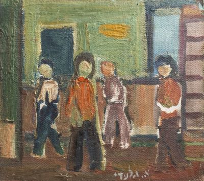 אהרון גלעדי (1909-1993), דמויות, שמן על בד מוצמד ללוח, 23.5X26.5 ס"מ, חתום. פגמים קלים ללוח.