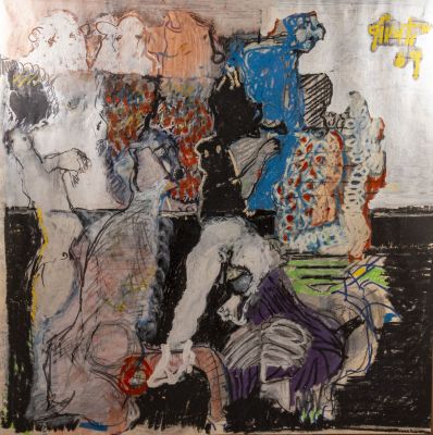 משה גבעתי (1934-2012), דמויות, 1969, טכניקה מעורבת על נייר, 66.5X66.5 ס"מ, חתום ומתוארך.
