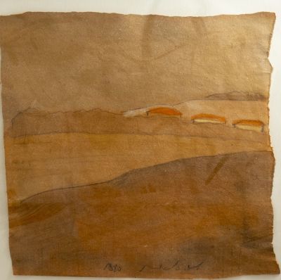 משה הופמן (1938-1983), בתים, 1980, צבעי מים על נייר, 24X24.5 ס"מ, חתום. בנוסף מצורף הספר חיתוכי 