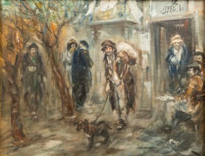 משה צ'אוסקי (1935-2014), קבצן עם כלב, שמן על בד צרפתי, 26.5X34 ס"מ, חתום.