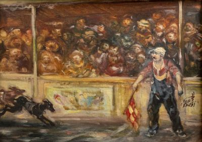 משה צ'אוסקי (1935-2014), מרוץ כלבים, שמן על בד צרפתי, 25X35 ס"מ, חתום.