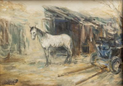 משה צ'אוסקי (1935-2014), סוס ועגלה, שמן על בד צרפתי, 25X35 ס"מ, חתום.