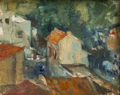 משה צ'אוסקי (1935-2014), לוט 2 ציורים, בתים ועצים ואיש יושב בבית קפה, שמן על לוח 